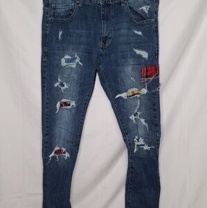 SMOKE RISE Mens Denim Jeans 38" Rip And Repair Destressed